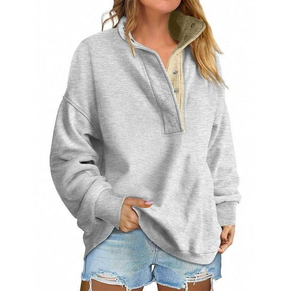 Mohiass Womens Oversized Sweatshirt Casual Snap Stand Collar Long Sleeve Pullover Tops Fall Travel Clothes Light Gray 2XL