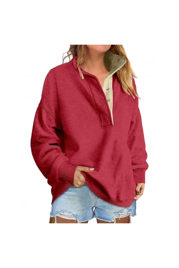 Womens Oversized Sweatshirt Casual Snap Stand Collar Long Sleeve Pullover Tops Fall Travel Clothes Red L