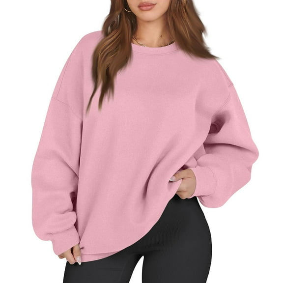 Mohiass Womens Oversized Sweatshirts Crewneck Long Sleeve Tops Fleece Pullover Fall Fashion Clothes with Pocket Pink M