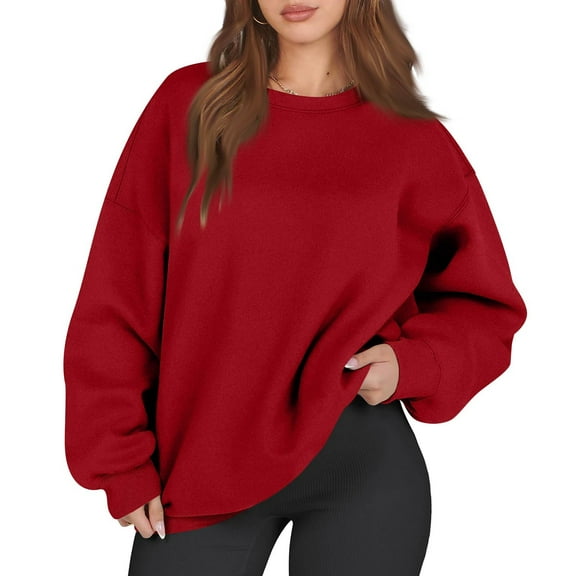 Mohiass Womens Oversized Sweatshirts Crewneck Long Sleeve Tops Fleece Pullover Fall Fashion Clothes with Pocket Red L