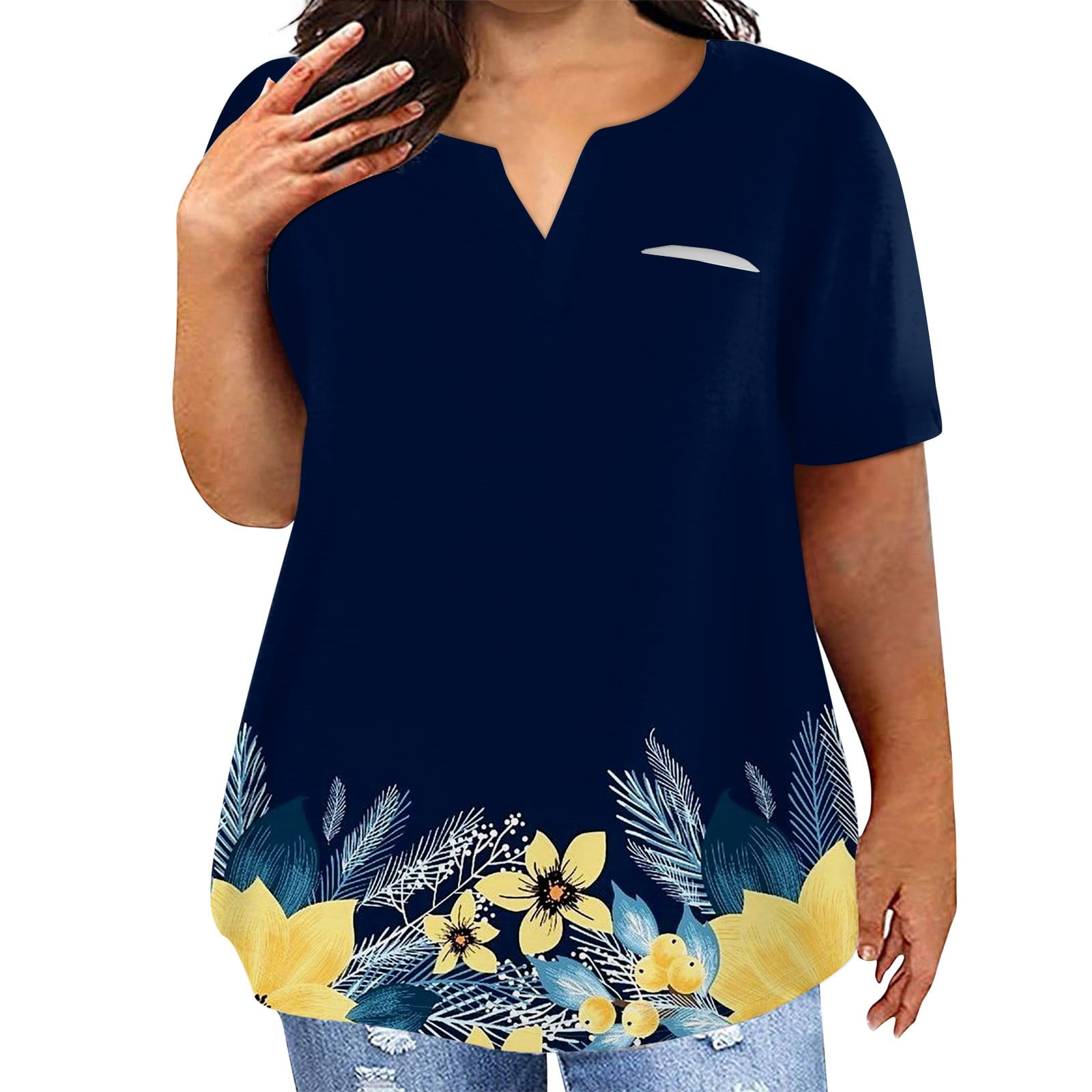 Mohiass Womens Plus Size Tops Floral Print V Neck T Shirts Short Sleeve