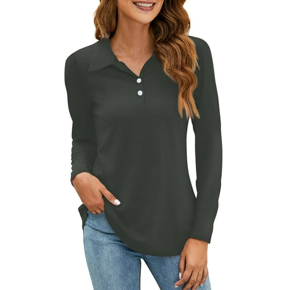 Mohiass Womens Polo Shirts Button Down Collared Long Sleeve Tops V Neck Loose Blouses Dark Gray XL