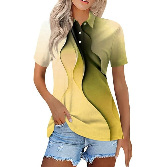 Mohiass Womens Polo Shirts Collared Solid Color T Shirts Loose Fit Wicking Button Up Shirts Trendy Summer Lapel Blouses Dressy Yellow 2XL