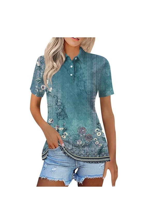 Womens Polo Shirts Floral Wicking Oversized Tshirts Lapel Collared Beach Shirts Button Up Dressy Tops and Blouses Cyan XL