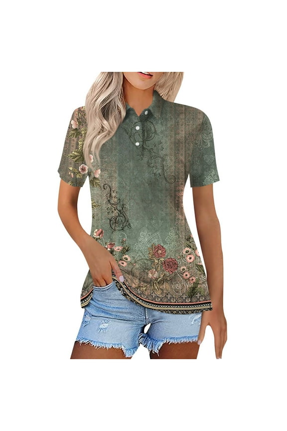 Womens Polo Shirts Floral Wicking Oversized Tshirts Lapel Collared Beach Shirts Button Up Dressy Tops and Blouses Mint Green S