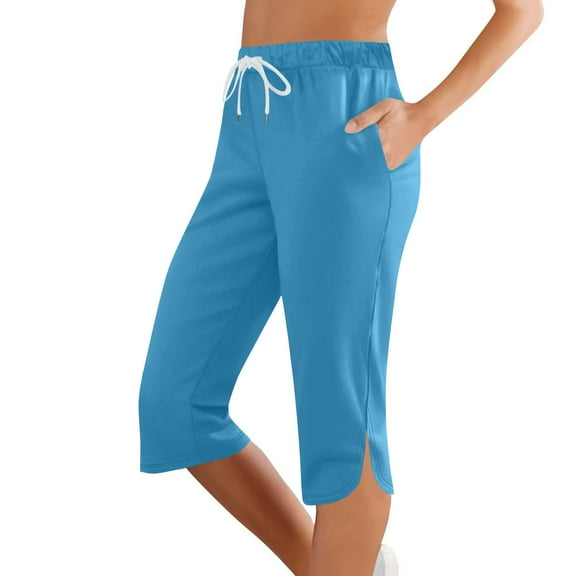 Mohiass Womens Pull on Capris Capri Yoga Pants for Women Capris for Women Work Out Capris Gym for Women Blue S