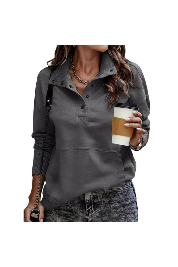 Womens Pullover Henley Sweatshirt Button Down V Neck Long Sleeve Pullover Lightweight Casual Fall Ribbed Tops Dark Gray M