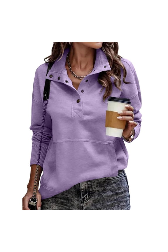 Womens Pullover Henley Sweatshirt Button Down V Neck Long Sleeve Pullover Lightweight Casual Fall Ribbed Tops Light Purple M
