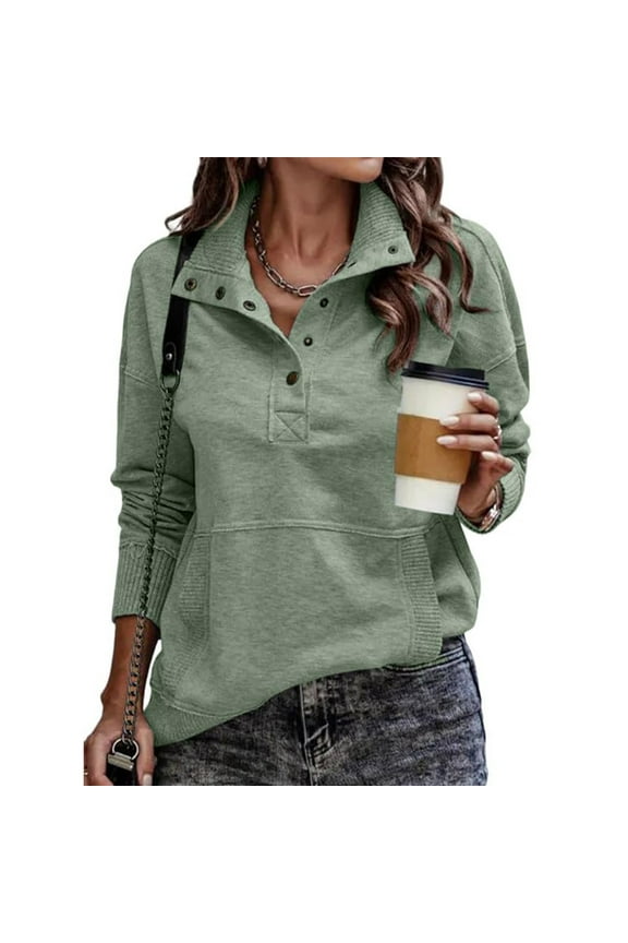 Womens Pullover Henley Sweatshirt Button Down V Neck Long Sleeve Pullover Lightweight Casual Fall Ribbed Tops Mint Green M