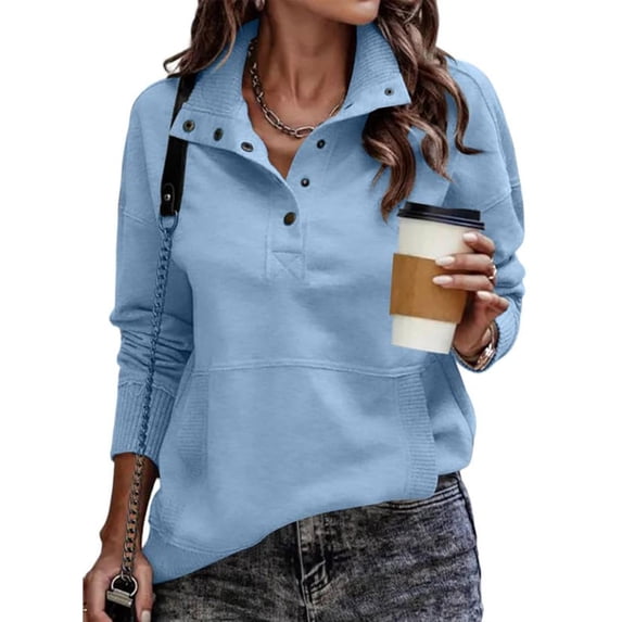 Mohiass Womens Pullover Henley Sweatshirt Button Down V Neck Long Sleeve Pullover Lightweight Casual Fall Ribbed Tops Sky Blue 2XL