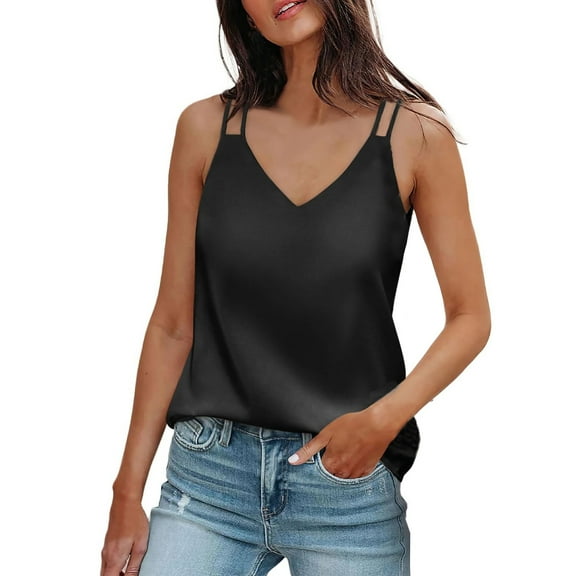 Mohiass Womens Silk Satin Camisole Tank Tops V Neck Spaghetti Strap Blouses Sleeveless Cami Shirt Black 2XL