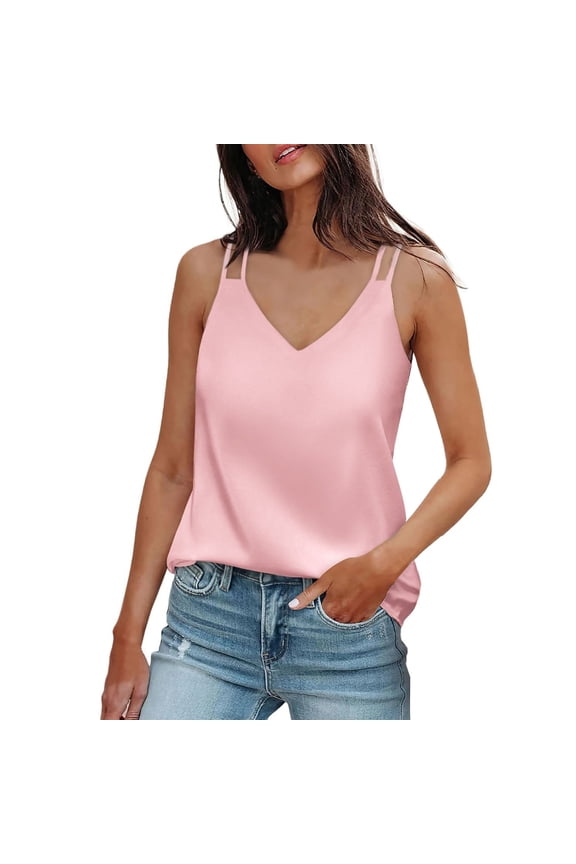 Womens Silk Satin Camisole Tank Tops V Neck Spaghetti Strap Blouses Sleeveless Cami Shirt Pink XL