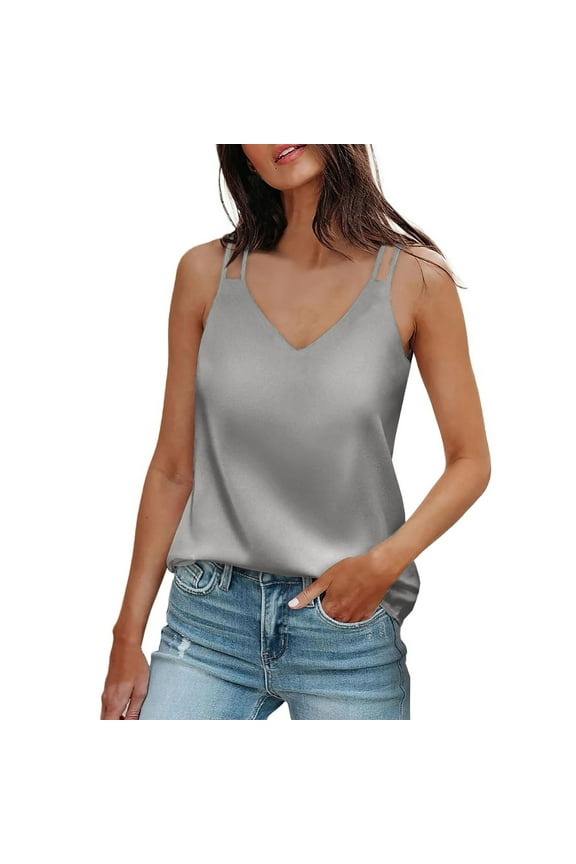 Womens Silk Satin Camisole Tank Tops V Neck Spaghetti Strap Blouses Sleeveless Cami Shirt Silver 2XL