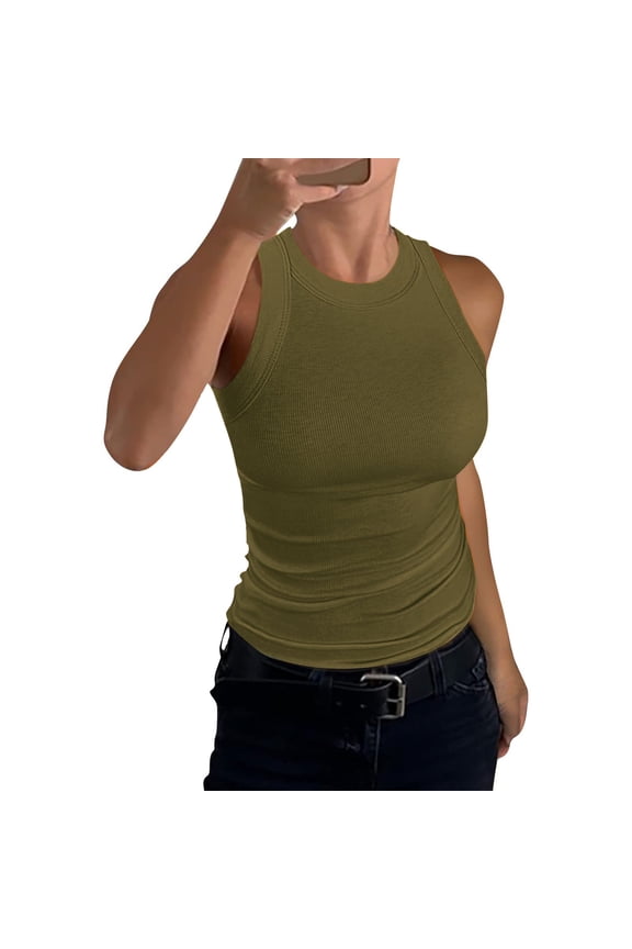 Womens Sleeveless Racerback High Neck Casual Basic Cotton Ribbed Fitted Tank Top Army Green L