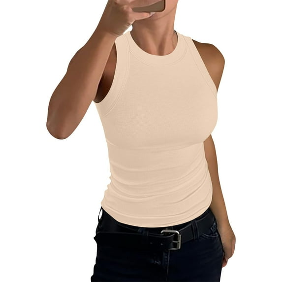 Mohiass Womens Sleeveless Racerback High Neck Casual Basic Cotton Ribbed Fitted Tank Top Beige L