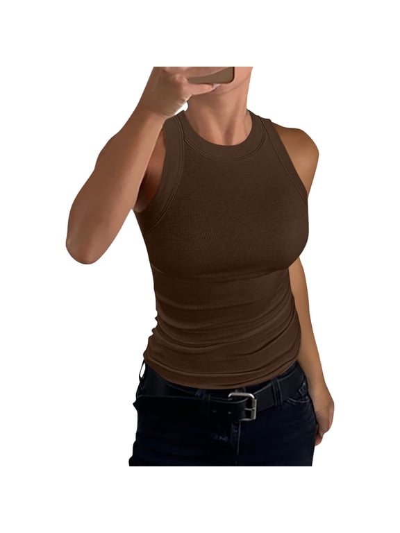 Womens Sleeveless Racerback High Neck Casual Basic Cotton Ribbed Fitted Tank Top Coffee S