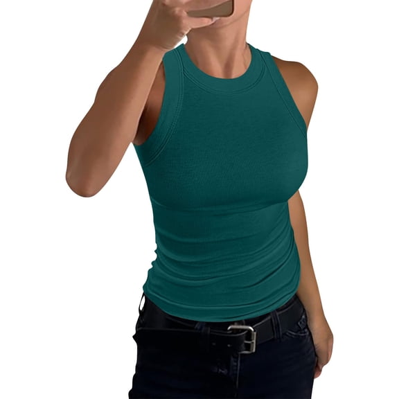 Mohiass Womens Sleeveless Racerback High Neck Casual Basic Cotton Ribbed Fitted Tank Top Dark Green M