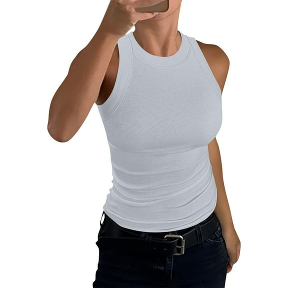 Mohiass Womens Sleeveless Racerback High Neck Casual Basic Cotton Ribbed Fitted Tank Top Light Gray L