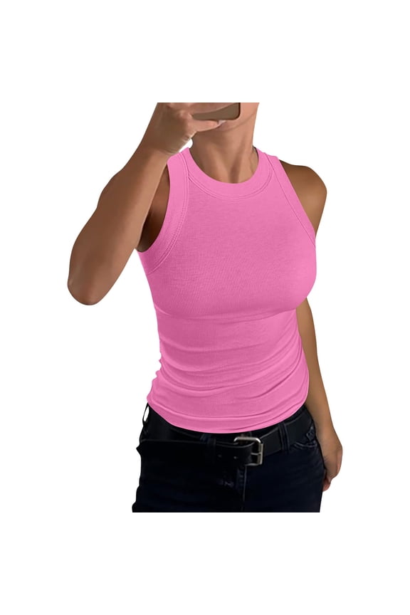 Womens Sleeveless Racerback High Neck Casual Basic Cotton Ribbed Fitted Tank Top Pink S