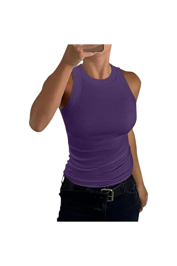 Womens Sleeveless Racerback High Neck Casual Basic Cotton Ribbed Fitted Tank Top Purple XL