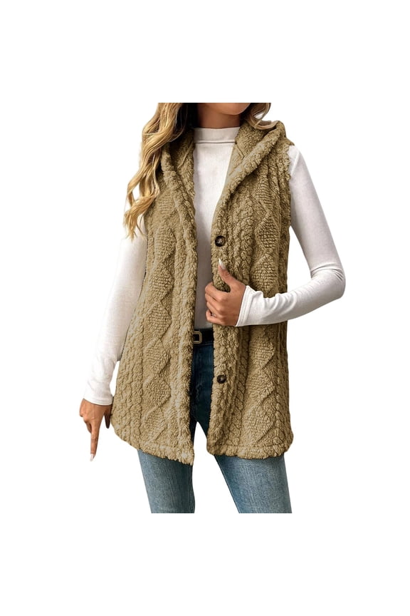 Women Sleeveless Sherpa Outerwear Vests Long Button Down Fleece Lined Hooded Jackets Soft Comfy Fuzzy Sweater Vests Camel M