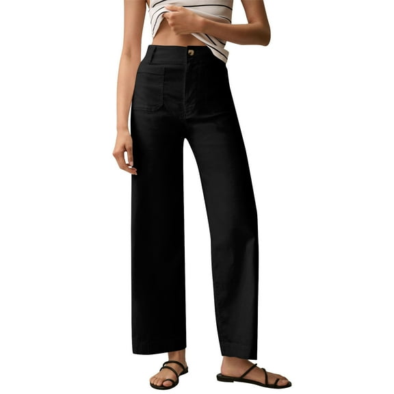 Mohiass Womens Stretch Twill Pants Casual High Waisted Wide Leg Cropped Pants Straight Leg Ankle Chino Pant with Patch Pockets Black XL