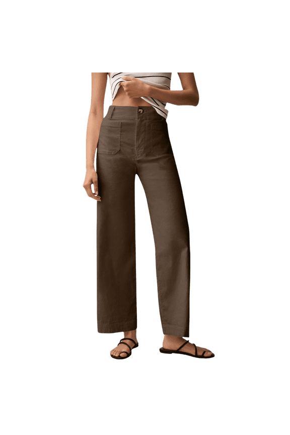 Womens Stretch Twill Pants Casual High Waisted Wide Leg Cropped Pants Straight Leg Ankle Chino Pant with Patch Pockets Coffee S