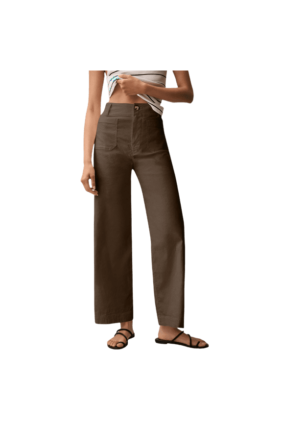 Womens Stretch Twill Pants Casual High Waisted Wide Leg Cropped Pants Straight Leg Ankle Chino Pant with Patch Pockets Coffee XS