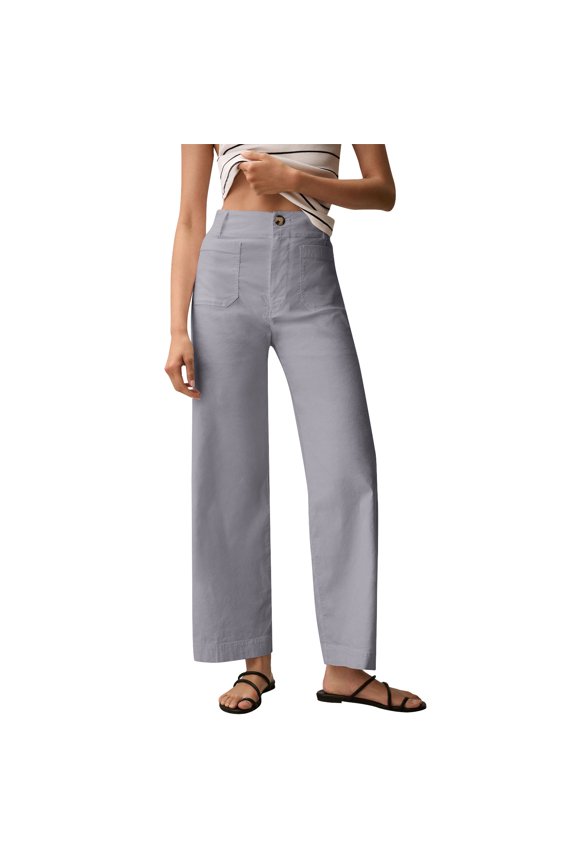 Womens Stretch Twill Pants Casual High Waisted Wide Leg Cropped Pants Straight Leg Ankle Chino Pant with Patch Pockets Gray S