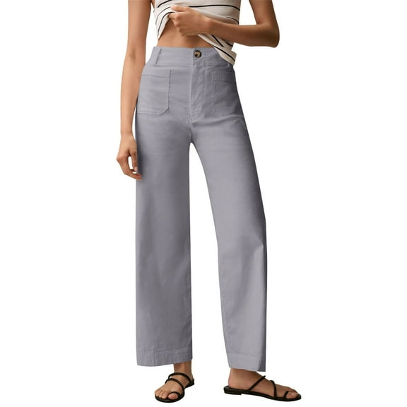 Mohiass Womens Stretch Twill Pants Casual High Waisted Wide Leg Cropped Pants Straight Leg Ankle Chino Pant with Patch Pockets Gray XS