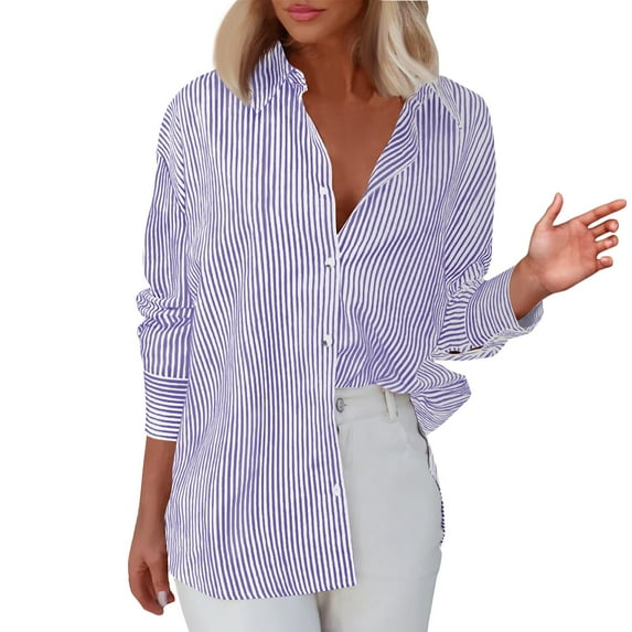 Mohiass Womens Striped Button Down Shirts Classic Long Sleeve Stylish Collared Office Work Blouses Tops without Pocket Purple L