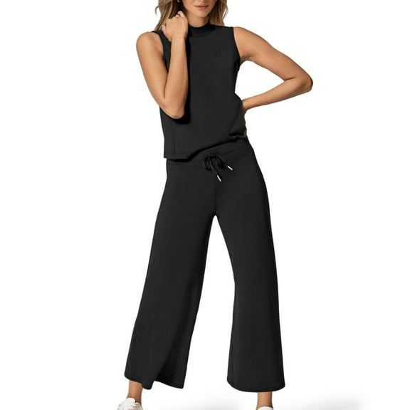 Mohiass Womens Suits 2 Piece Set Summer Dressy Travel Sleeveless Lounge Sets Casual Vacation Matching Sets Mock Neck Wide Leg Crop Pants Outfits Black XL