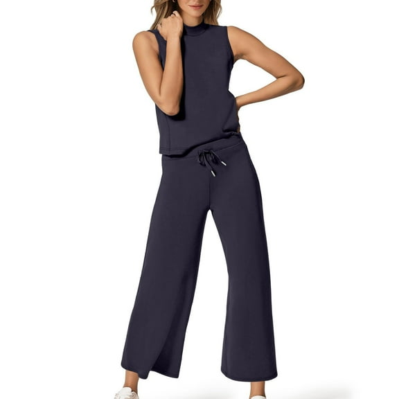 Mohiass Womens Suits 2 Piece Set Travel Summer Casual Sleeveless Lounge Sets Dressy Vacation Matching Sets Mock Neck Wide Leg Crop Pants Track Suits Dark Blue L