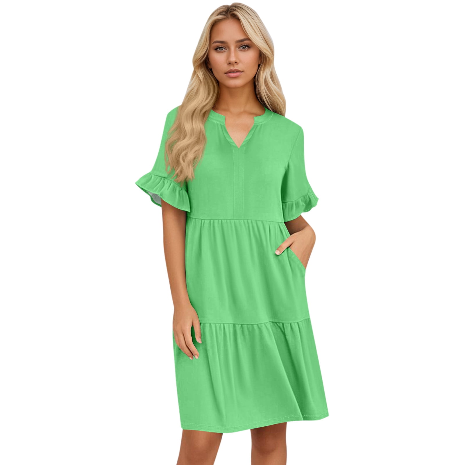 ANRABESS Women’s Summer 2025 Mini Dress – Ruffle Sleeve, V-Neck, A-Line Tiered With Pockets, Loose Fit