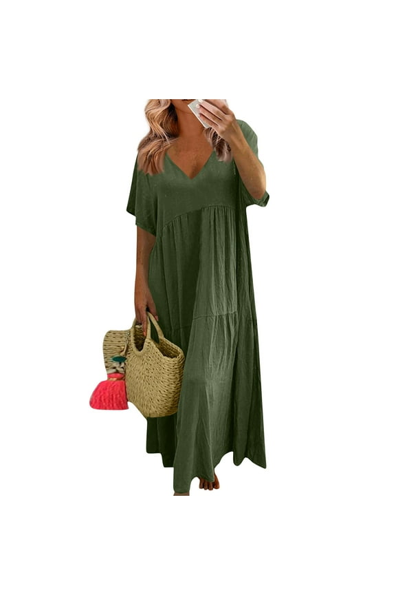 Womens Summer Dresses 2025 Plus Size Short Sleeve V Neck Boho Maxi Dress Loose Casual Beach Long Sundresses Army Green 4XL