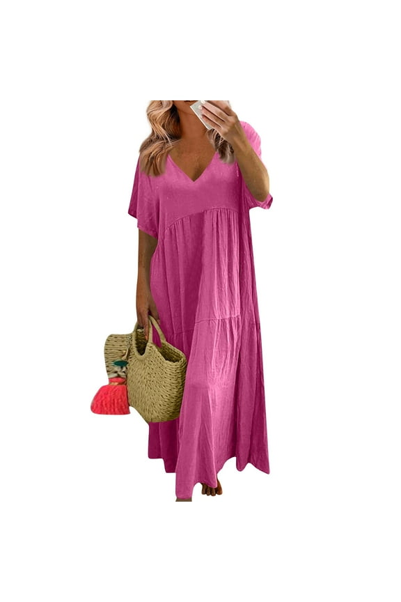Womens Summer Dresses 2025 Plus Size Short Sleeve V Neck Boho Maxi Dress Loose Casual Beach Long Sundresses Hot Pink 3XL