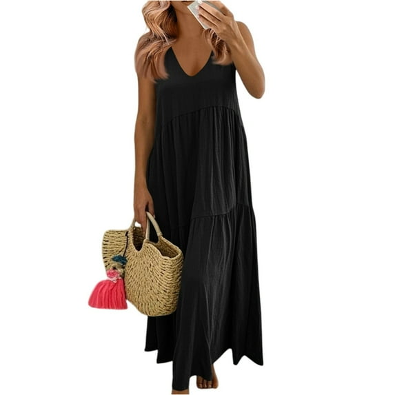 Mohiass Womens Summer Dresses 2025 Plus Size Sleeveless V Neck Boho Maxi Dress Loose Casual Beach Long Sundresses Black XL
