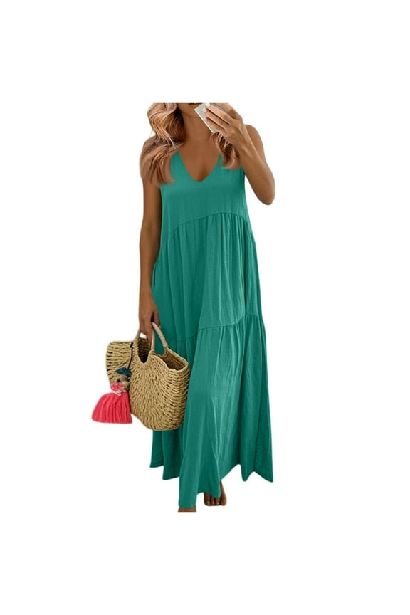 Womens Summer Dresses 2025 Plus Size Sleeveless V Neck Boho Maxi Dress Loose Casual Beach Long Sundresses Dark Green 4XL