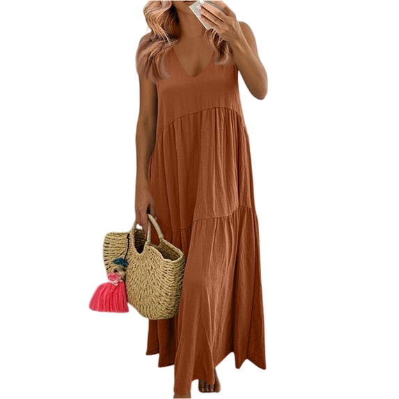 Mohiass Womens Summer Dresses 2025 Plus Size Sleeveless V Neck Boho Maxi Dress Loose Casual Beach Long Sundresses Orange L