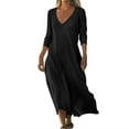 thumbnail image 1 of Mohiass Womens Summer V Neck Solid Color Linen Loose Fit Sundress Fashion 3/4 Sleeve Flowy Vacation Beach Maxi Dress Black M, 1 of 7