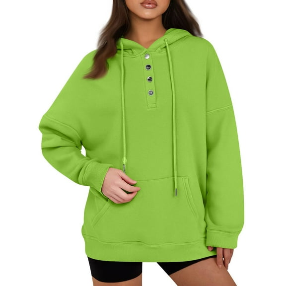 Mohiass Women Hoodies Casual Button Down Sweatshirt Drawstring Long Sleeve Pullover Fall Winter Clothes with Pockets Fluorescent Green L