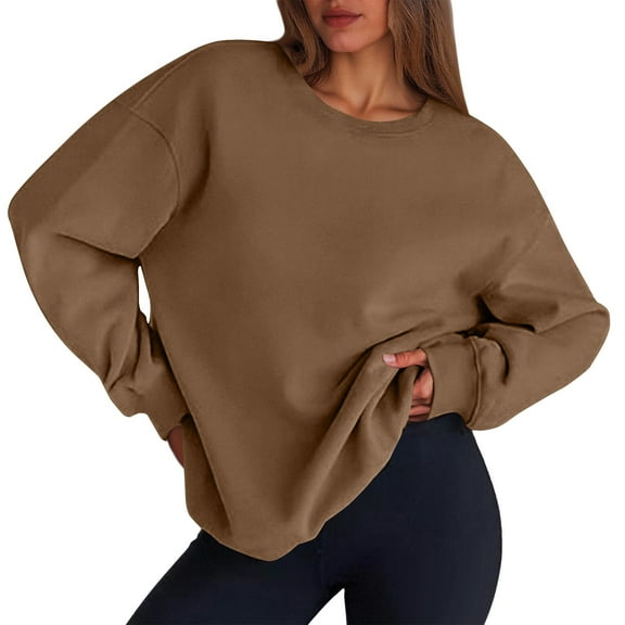 Mohiass Womens Sweatshirt Oversized Crewneck Fleece Pullover Sweatshirts Y2k Fall Long Sleeve Tops Brown L