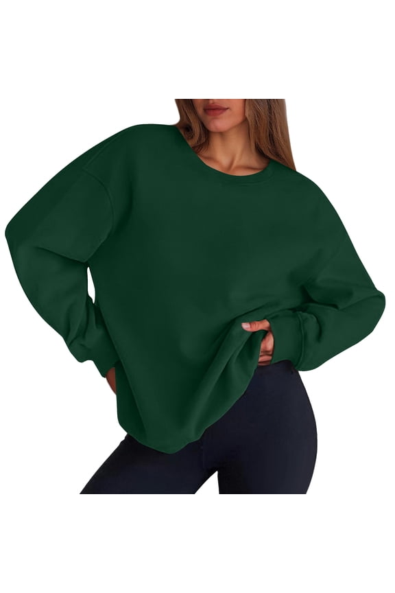 Womens Sweatshirt Oversized Crewneck Fleece Pullover Sweatshirts Y2k Fall Long Sleeve Tops Dark Green 2XL