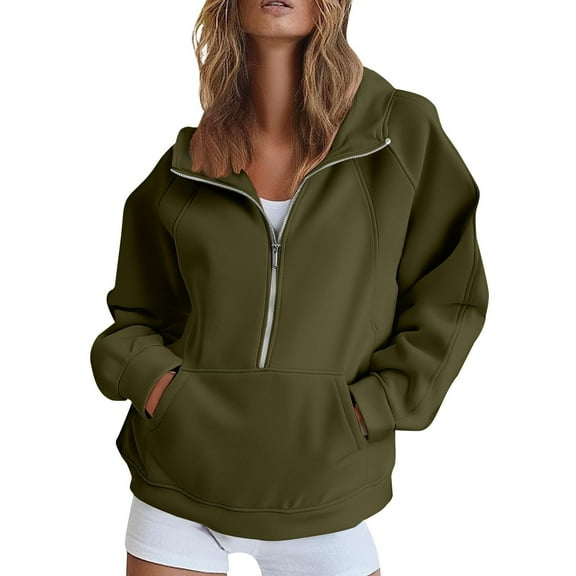 Mohiass Womens Sweatshirts Half Zip Pullover Fleece Quarter Zipper Hoodies 2025 Fall Fashion Clothes Army Green L