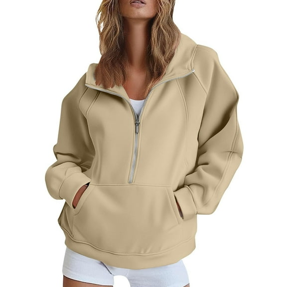 Mohiass Womens Sweatshirts Half Zip Pullover Fleece Quarter Zipper Hoodies 2025 Fall Fashion Clothes Beige L