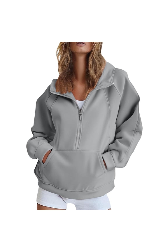 Womens Sweatshirts Half Zip Pullover Fleece Quarter Zipper Hoodies 2025 Fall Fashion Clothes Gray L