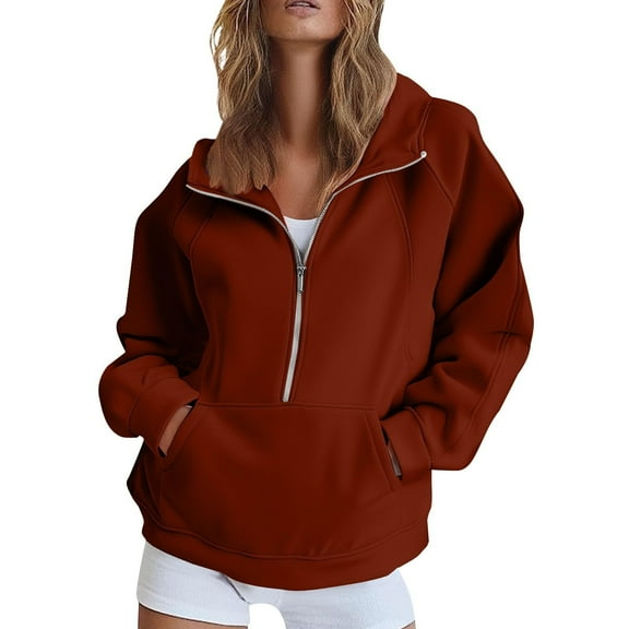 Mohiass Womens Sweatshirts Half Zip Pullover Fleece Quarter Zipper Hoodies 2025 Fall Fashion Clothes Wine L