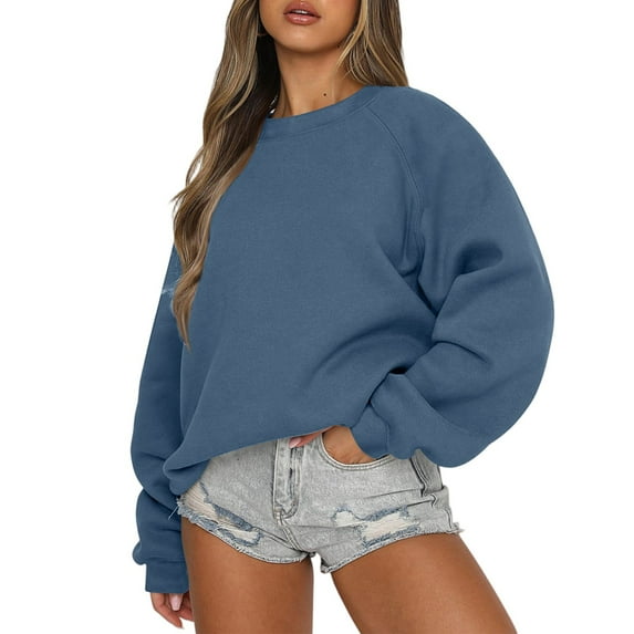 Mohiass Womens Sweatshirts Oversized Crewneck Fleece Pullover Hoodies Trendy Cute Long Sleeve Drop Shoulder Sweater Tops Blue XL