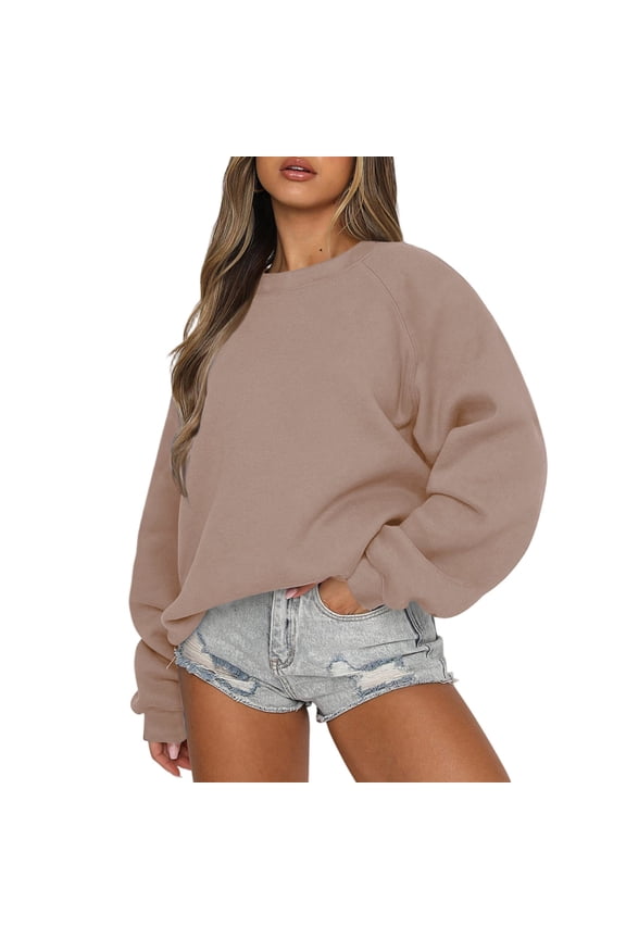 Womens Sweatshirts Oversized Crewneck Fleece Pullover Hoodies Trendy Cute Long Sleeve Drop Shoulder Sweater Tops Light Brown XL