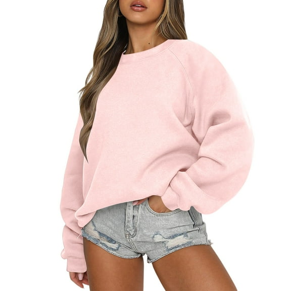 Mohiass Womens Sweatshirts Oversized Crewneck Fleece Pullover Hoodies Trendy Cute Long Sleeve Drop Shoulder Sweater Tops Pink S